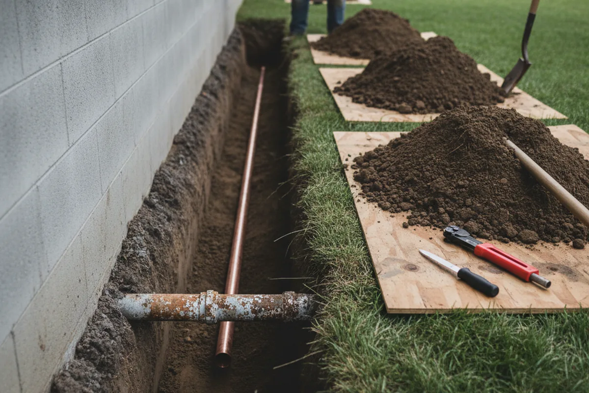 Excavated water line trench during Water Heater Repair in Little River Academy